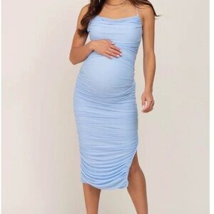 Pink blush Light Blue Mesh Ruched Cross Back Side Slit Maternity Midi Dress.